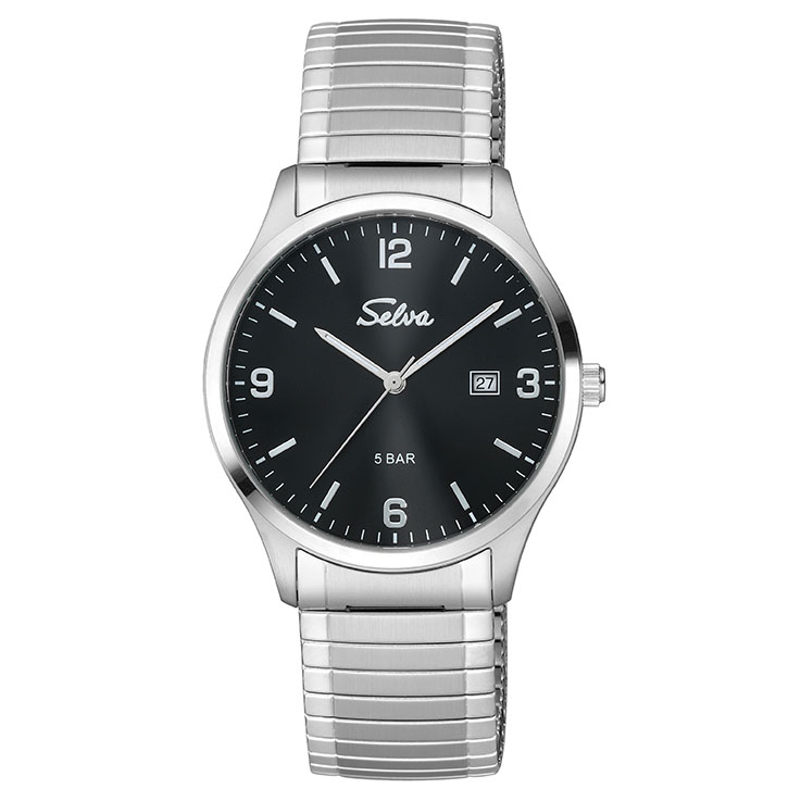 SELVA montre-bracelet à quartz avec bracelet à tirette, cadran noir Ø 39mm