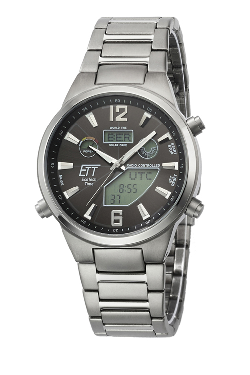 Eco Tech Time Solar Drive radio Everest II Titanium Montre Homme World Timer - EGT-11380-20M