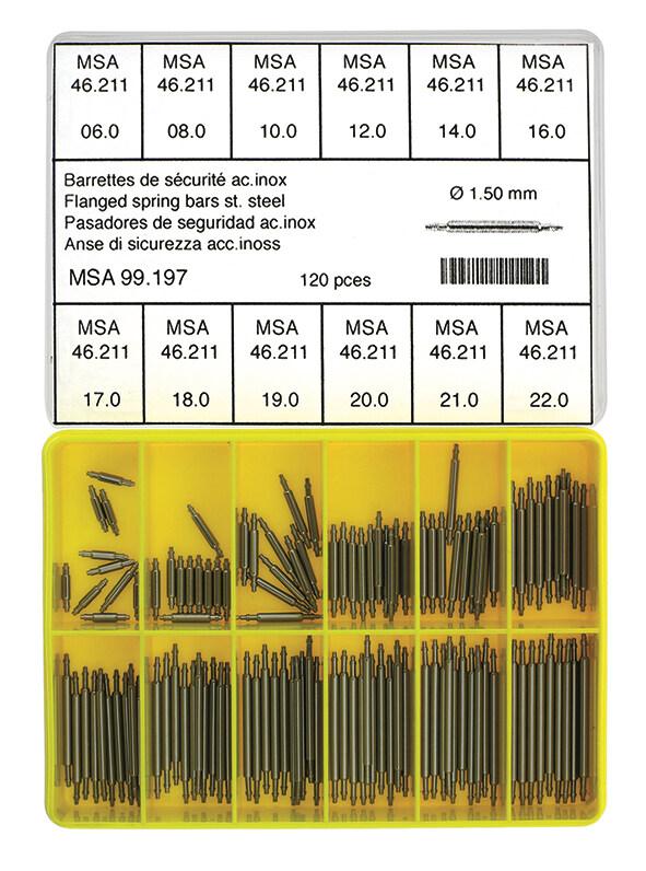 Sortiment Federstege 215E Edelstahl weiß, Ø 1,5 Länge 6-22mm, Zapfen mit Ansatz