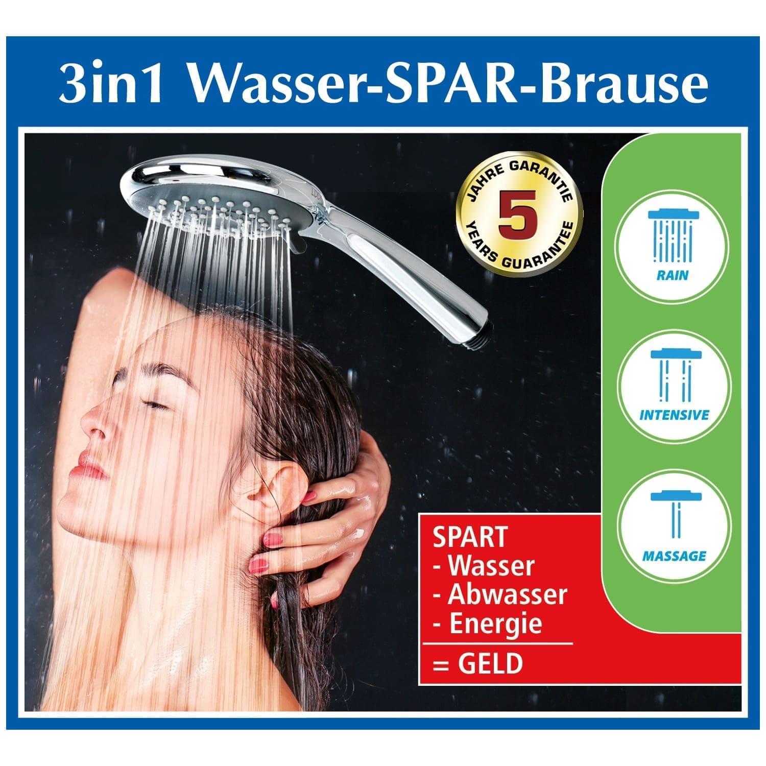 3in1 Wasserspar-Brause, Duschkopf Ø 110mm - spart Energie