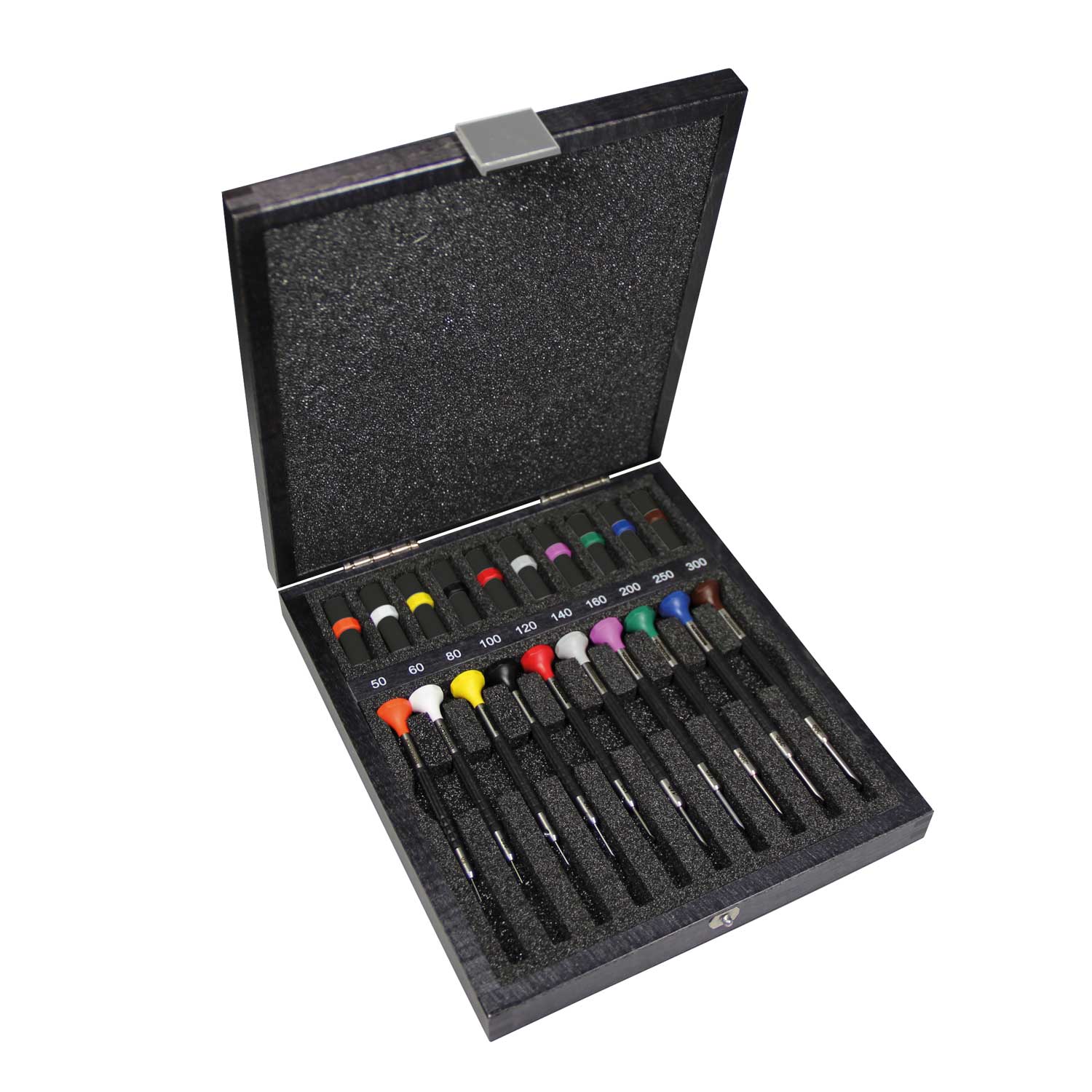 Assortiment de 10 tournevis d'horloger en acier inox avec membrane en élastomère, tête ergonomique en matière synthétique POM autolubrifiant, en coffret bois