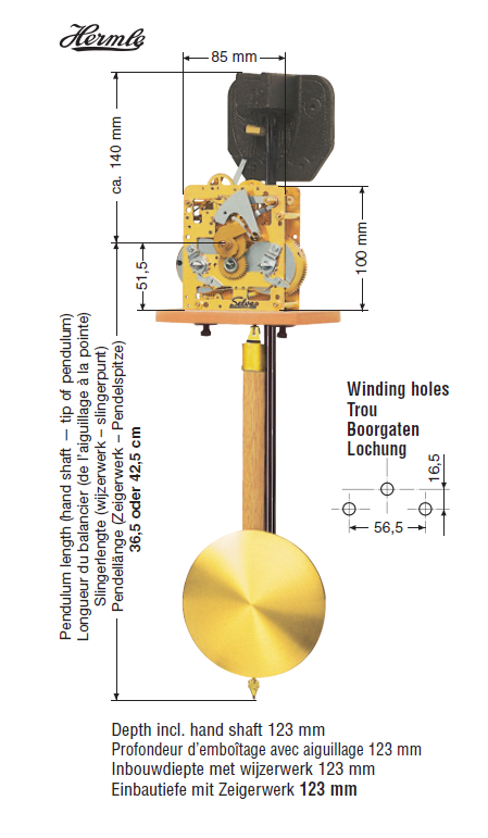 Federzugwerk FF Hermle, 14-Tage, Pendellänge 36,5 cm, mit Bim-Bam-Schlag Master