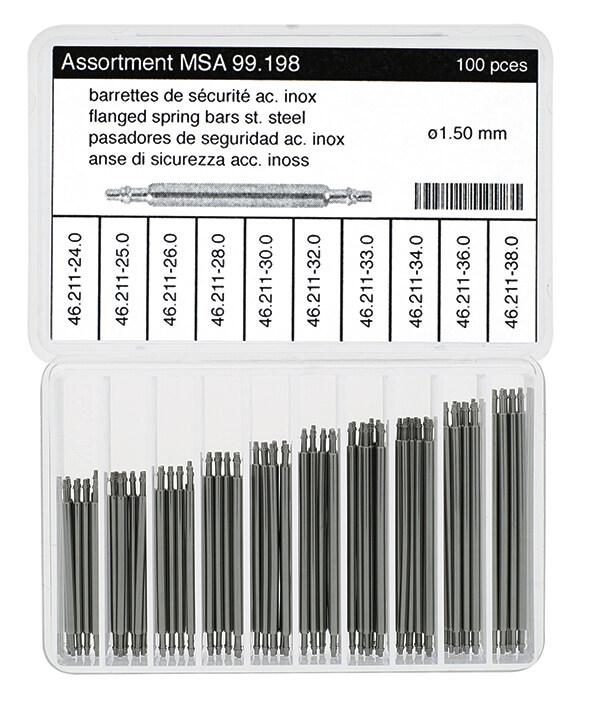 Sortiment Federstege 215E Edelstahl weiß, Ø 1,5 Länge 24-38mm, Zapfen mit Ansatz